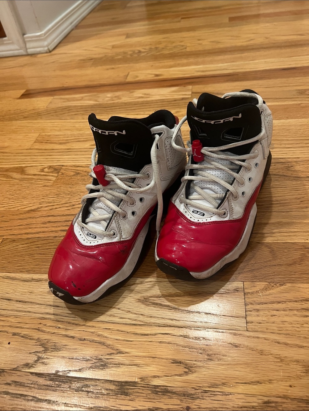 Jordan Kids White and Red High-Top Sneakers 7 Y